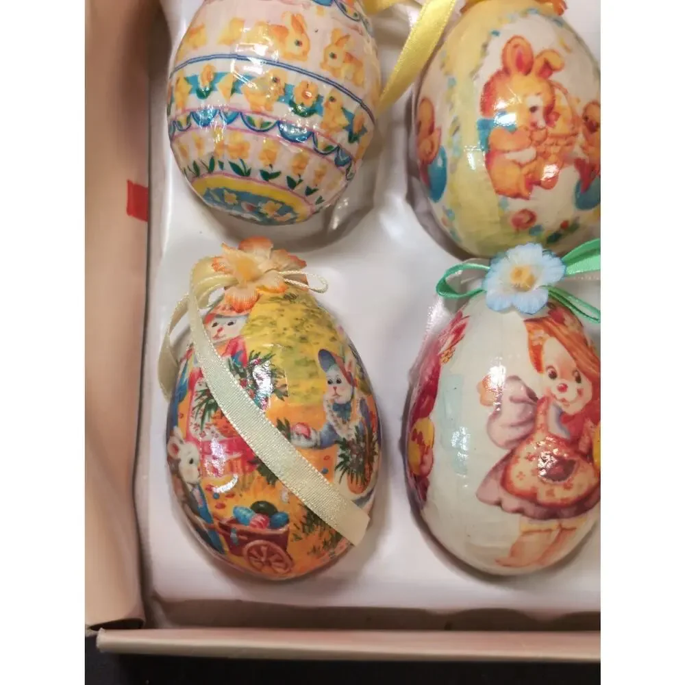 6 Vintage Easter Egg Paper Mache Decoupage Ornaments Bunny Chick Kitschy 3”